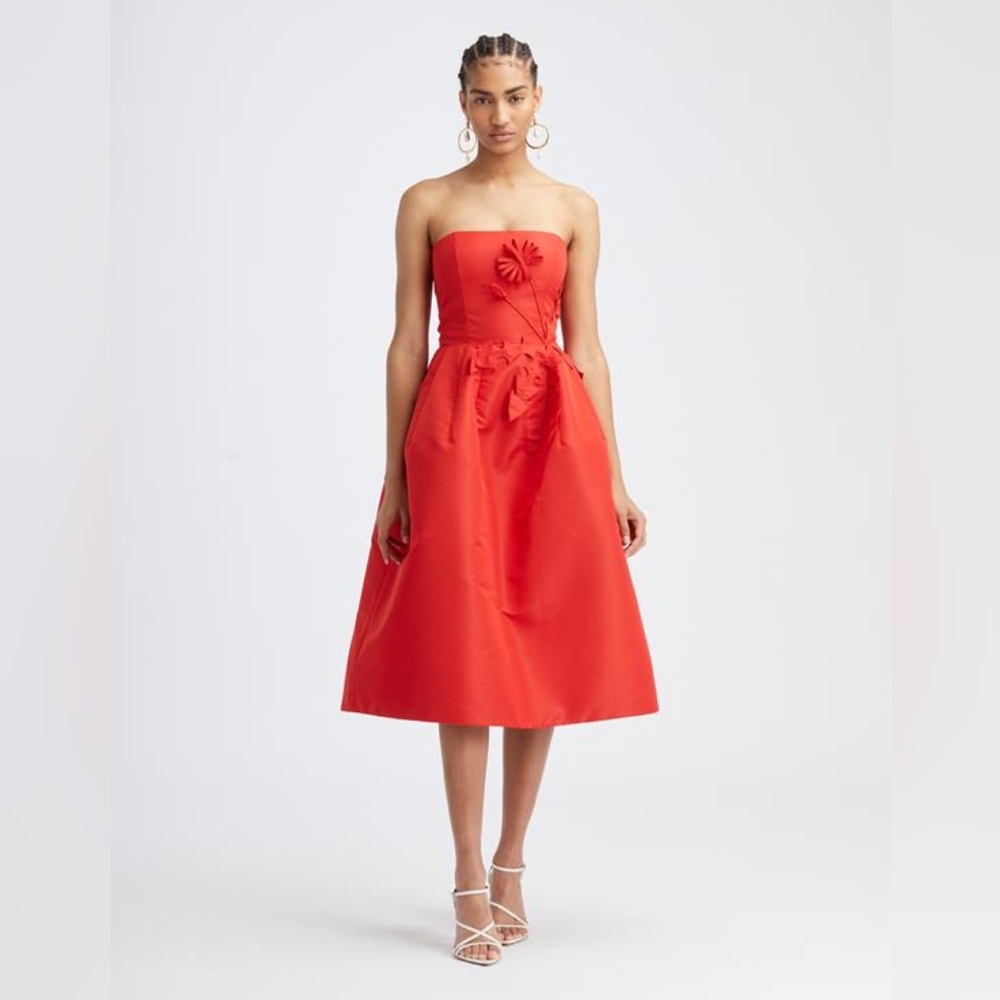 $3,990 NEW OSCAR DE LA RENTA RED SCARLET FLOWER EMBR MIDI RUNWAY DRESS 8